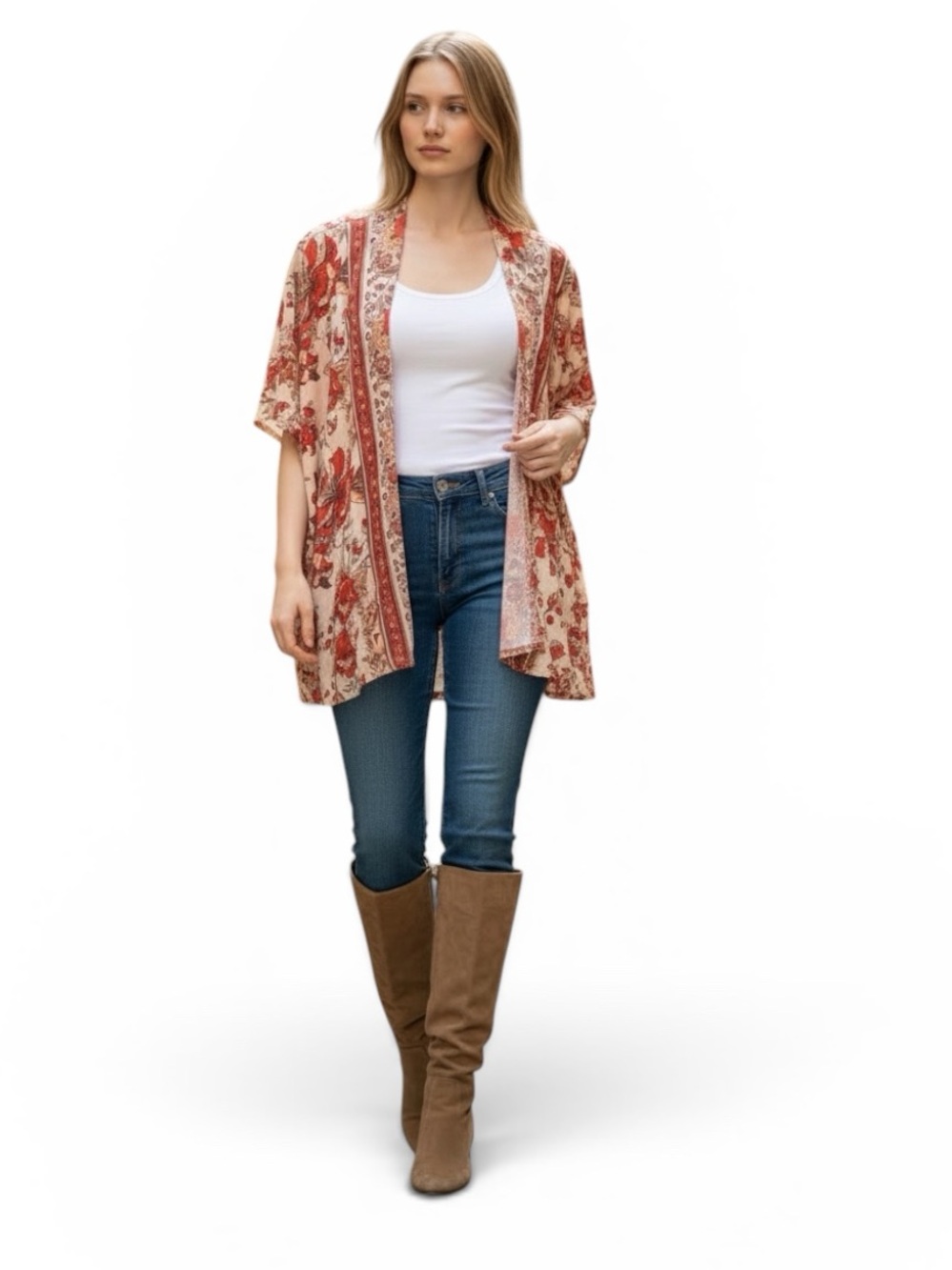 Angie Orange and Cream Floral Kimono Cover-Up